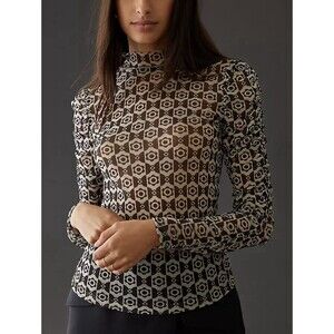Maeve Anthropologie Black White Mesh Mock Neck Top Floral Geometric Blouse XL